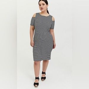 Torrid Black and White Striped Jersey Cold Shoulder Midi Dress